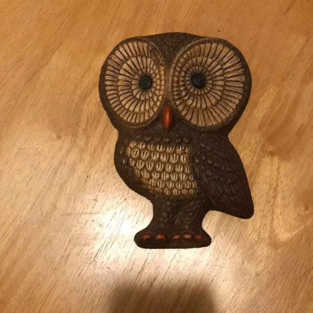 1970’s Vintage Large eyed Retro Wood Owl hanging plaque.